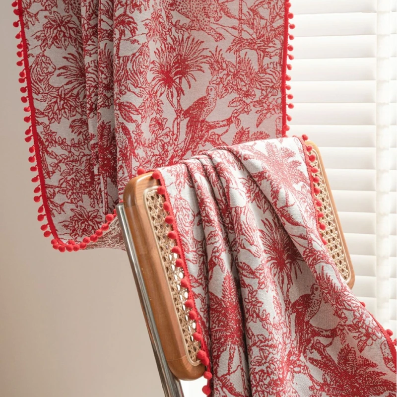 

American Christmas Red Hairball Jacquard Curtains Bedroom Small Window Decorative Curtain Living Room Semi-blackout Valance