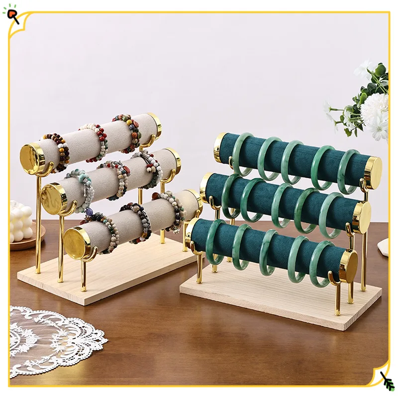 

Three Tier Bracelet Display Stand Velvet Jewelry Display Holder Wooden Base Gold Frame for Bangles Hair Ties Jewelry Storage