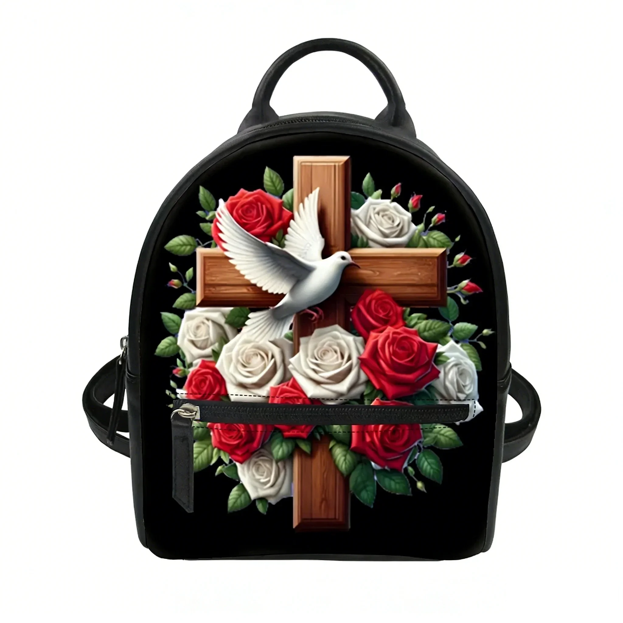 Floral Cross Catholic Custom Backpack Purse Women Carter Schoolbags Double Shoulder Bag Mini Daypack Leather Travel Bag