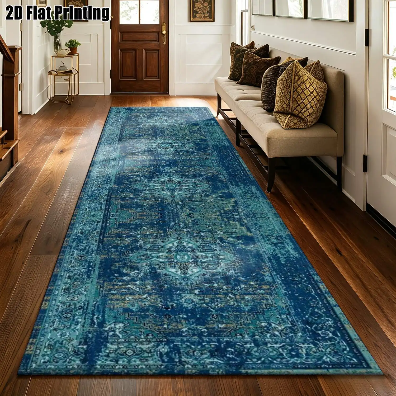 1Pc 2D Printed Long Strip Rug: Blue-Green Retro Floral, European-Style, Bohemian, Geometric Striped Floral Designs, Machine Washable, Multi-Size Home Decor for Entryway, Hallway, Living Room, Bedroom