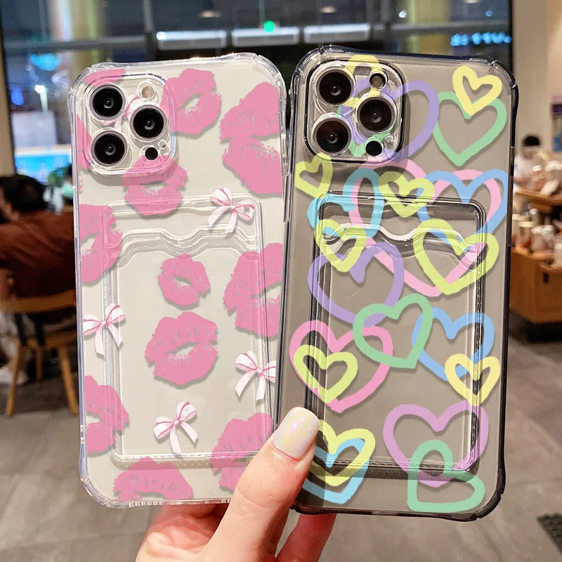 Sexy Lip Transparent Phone Case For Samsung A16 A57 A56 A37 A17 A07 A55 A54 A35 S26 S25 S24 S23 Ultra Card Slot Bag Holder Cover