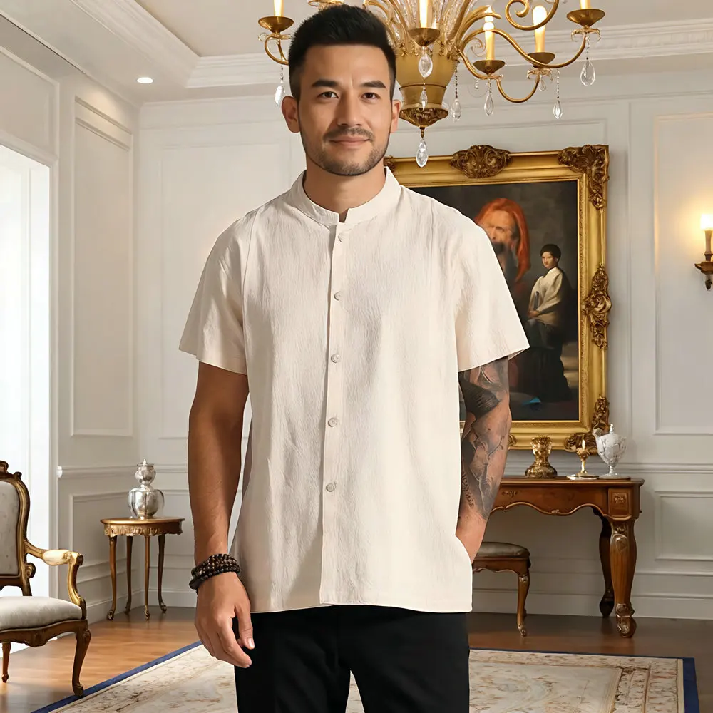 Men Cotton Shirt Beige White Black Mandarin Collar SIngle Breasted Short Sleeve Tops Male Zen Style Top Summer Spring Wear 2025
