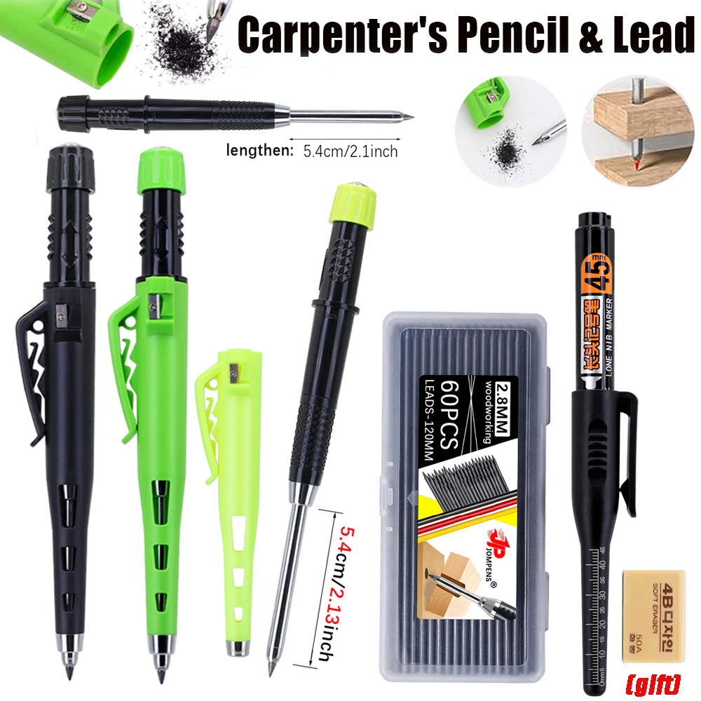 

Creative 55mm Long Head Carpenters Pencil Set with 60leads, 2.8mm Deep Hole Woodworking Marking Pencil Architects Drawing Tool