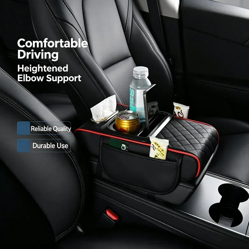 7cm Thick Memory Foam Car Armrest Cushion Elbow Support Height Pad with Storage Pocket Tissue & Cup Holder Car Interior Accessor