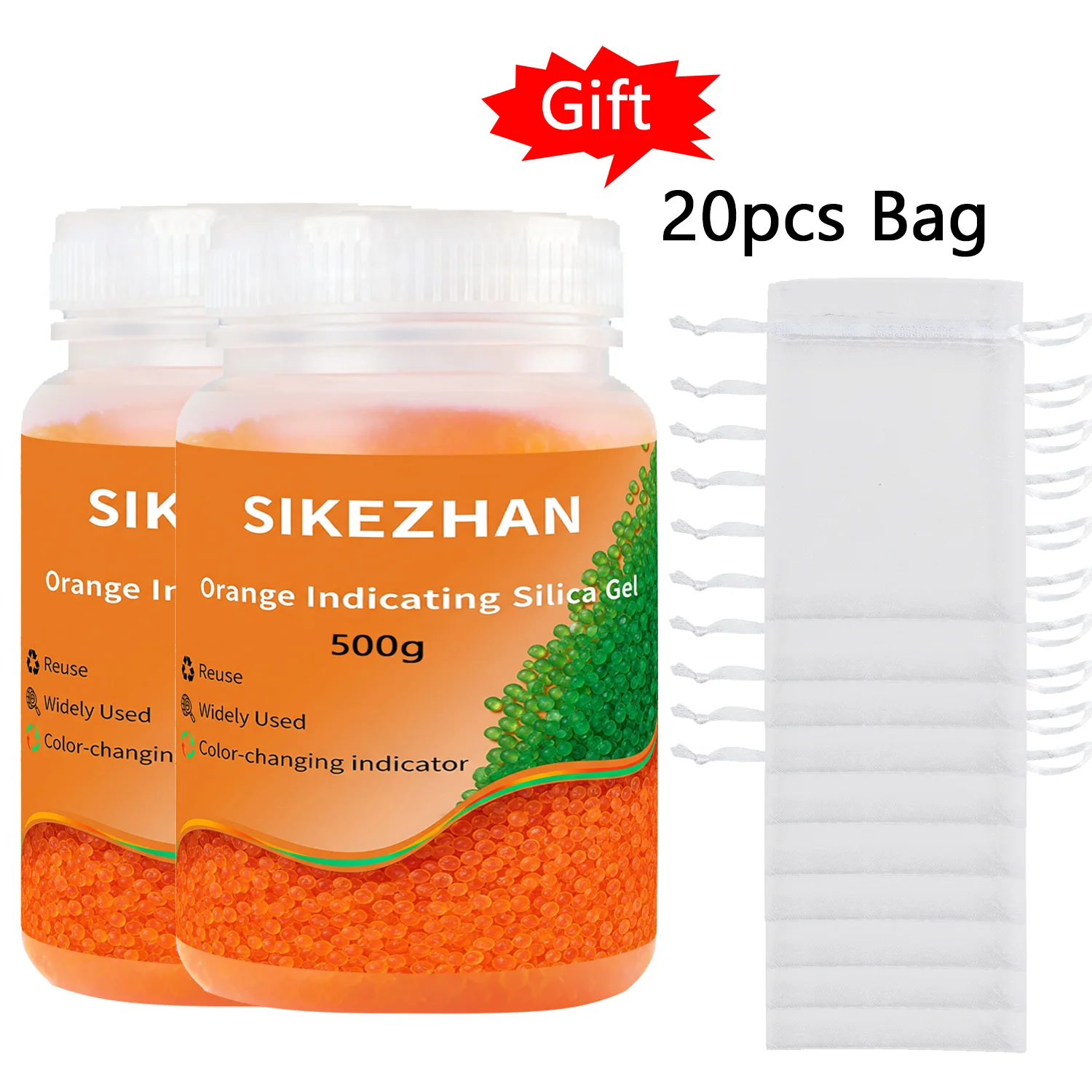 Silicagel-droogmiddel 1000g blauw/oranje herbruikbare vochtabsorberende kralen met 20 kleine zakjes voor opbergcontainers