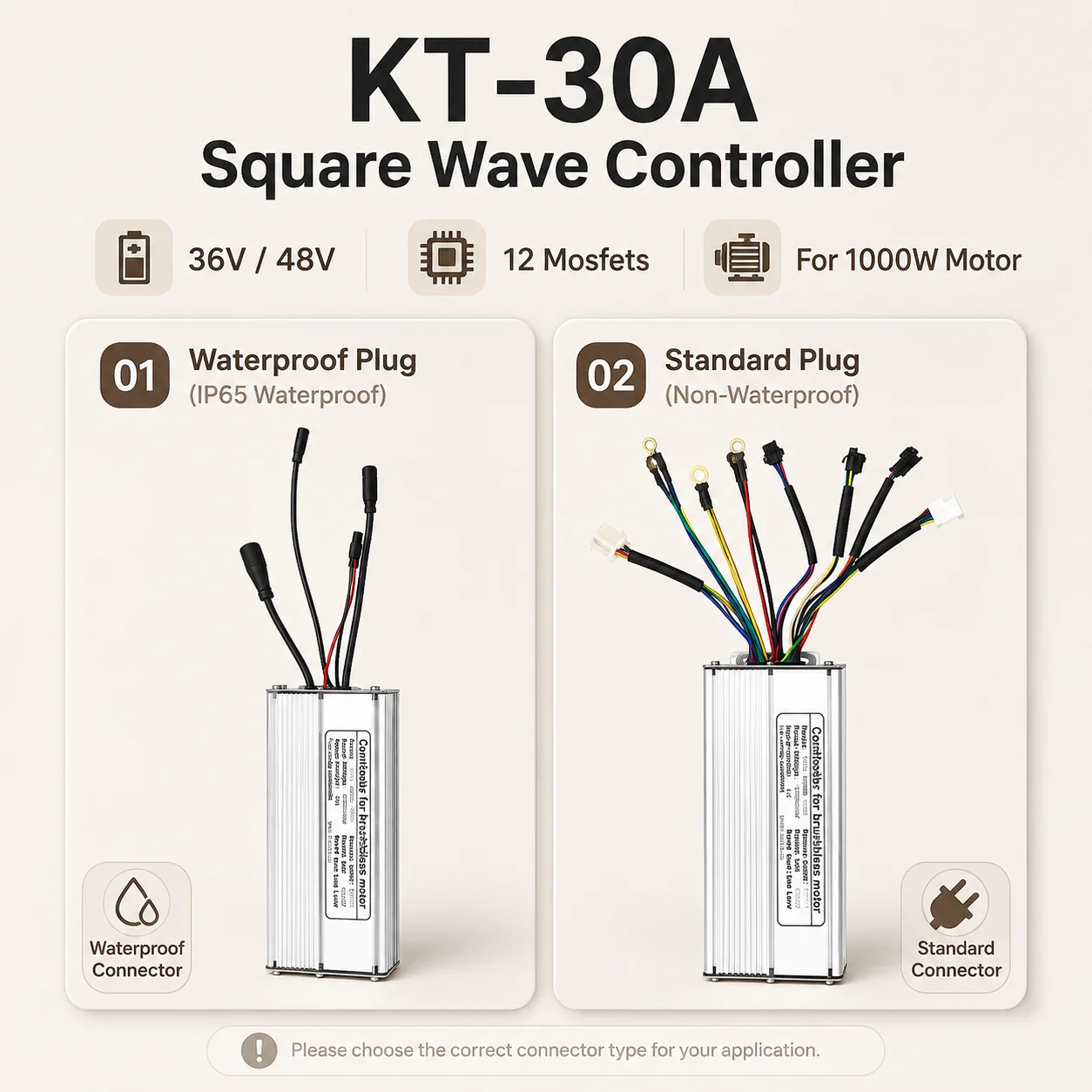 KT-30A 36V 48V 12 Mosfet Square Wave Controller for E-Bike Conversion Kit Waterproof or Standard Plug Match 1000W Motor