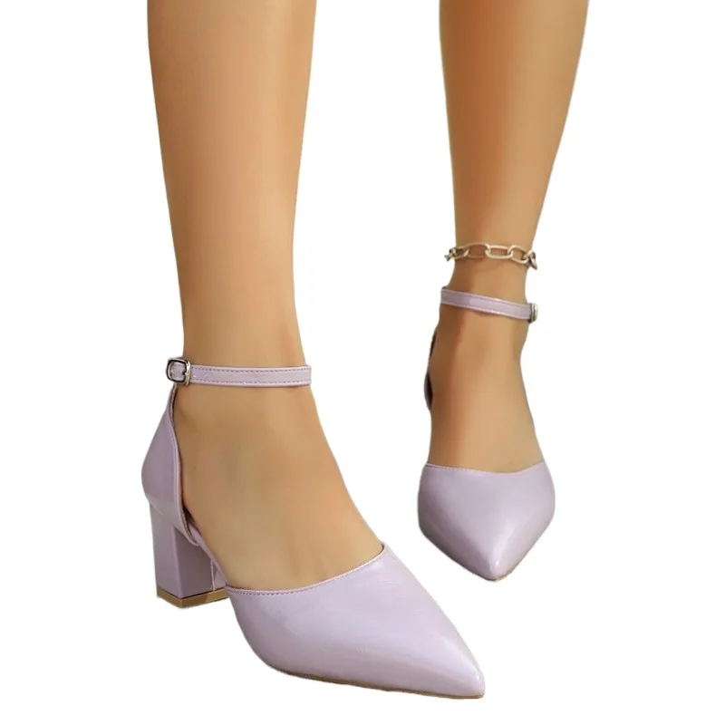 2026 Women Buckle with Pointed High Heels Thick Heel Women Heeled Sandals Pumps Ladies Dress Party Shoes