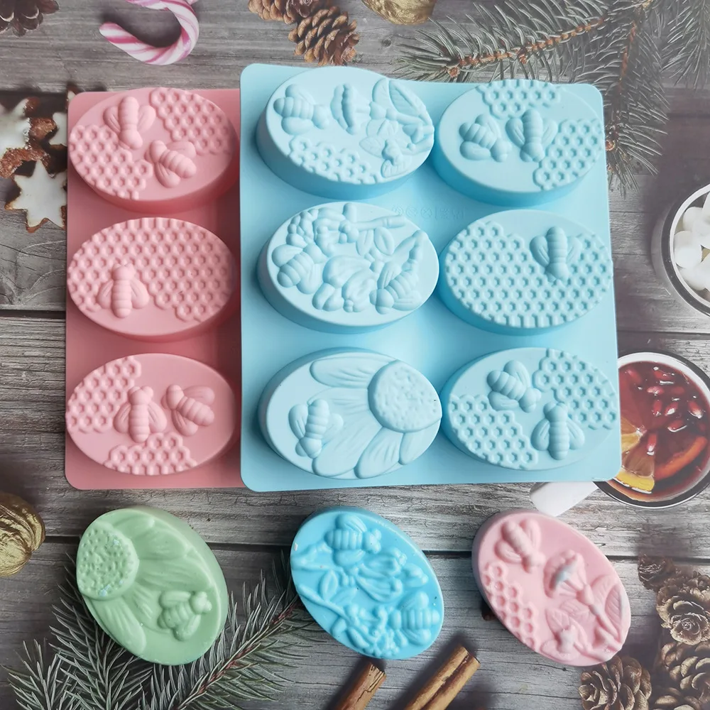 New Healthy Materials Honey Bee Silicone Soap Mold 6 Cavities Handmade Molds Soap Making Oval 3D Forms DIY Craft Soap Mold