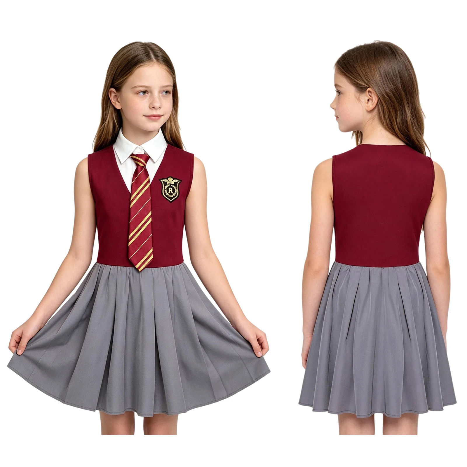 Girls School Uniform Dress Fake Vest Shirt Collar Ruffled Dress with Necktie Outfit for Halloween Movie Theme Party Performance
