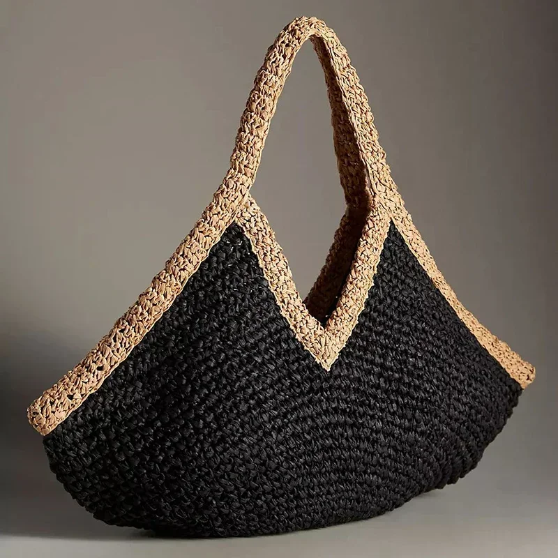 Colorblock Straw Woven Tote Bag,Women Summer Seaside Beach Boho Black Brown Color Contrast Shoulder Bag,Lightweight Handbag - view 6