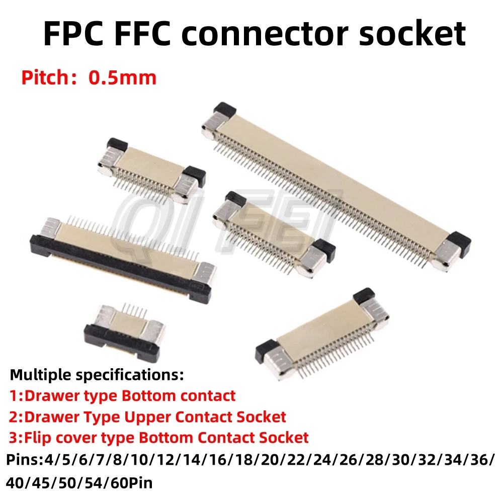 

10pcs FFC FPC Flat Cable Connector 0.5mm Flip cover type Bottom Contact Socket Drawer type Bottom Upper Contact Socket 4~60P
