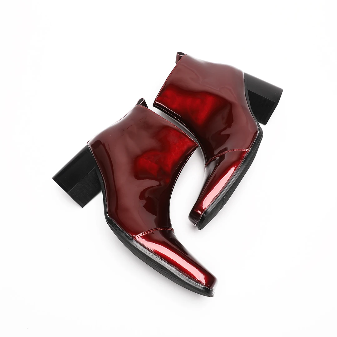 Male Red Genuine Leather High Heel Ankle Boots men Zipper square Toe Block Heel Night Club Party short boot Plus Size dress Shoe view 5