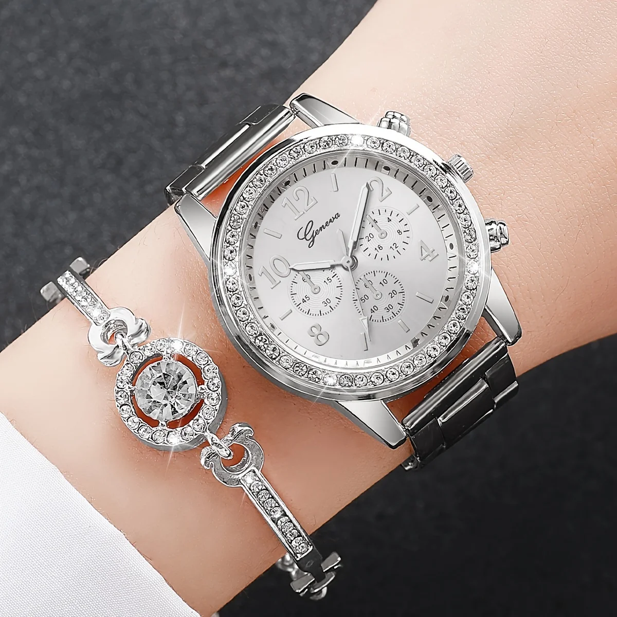 6pcs/set Women\'s Watch Luxury Rhinestone Quartz Watch Shiny Fashion Analog Wrist Watch & Jewelry Set, Gift For Mom Her