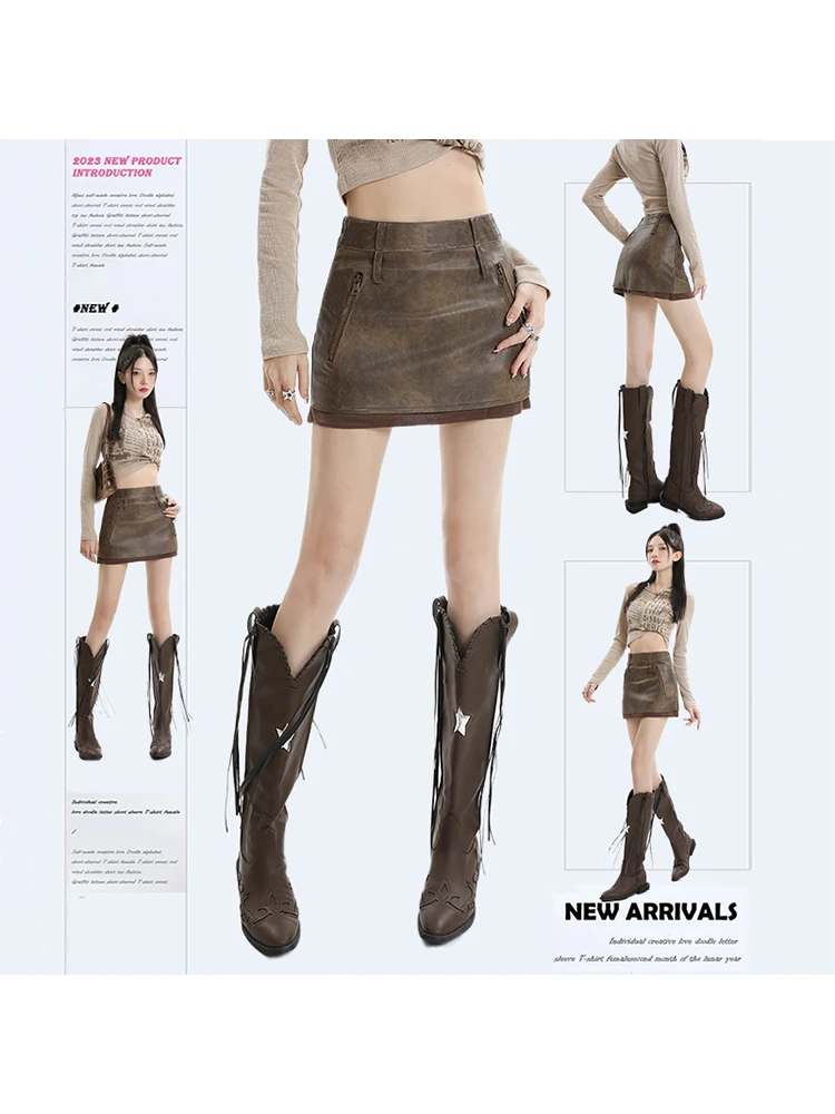 

Women's Coffee Leather Skirt Y2k Elegant A-Line Mini Skirt Harajuku Korean Vintage Fashion 90s High Waist Skirts 2000s Clothes