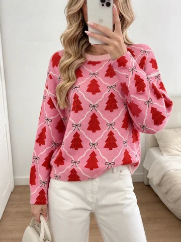 Women's Christmas Sweater - Pink Christmas Tree Bow Pattern Knitted Cardigan - Long-Sleeved Round-Neck Festive Top