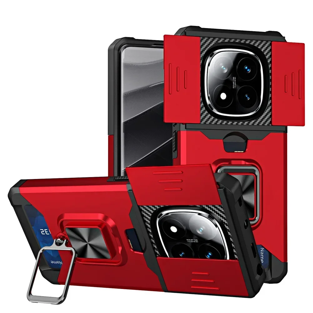 Trendy Slide Camera Lens Protective Case For Redmi Note 15 14 Pro+ 14C 4G 5G Magnetic Car Mount Stand Built-in Card Slot Cover