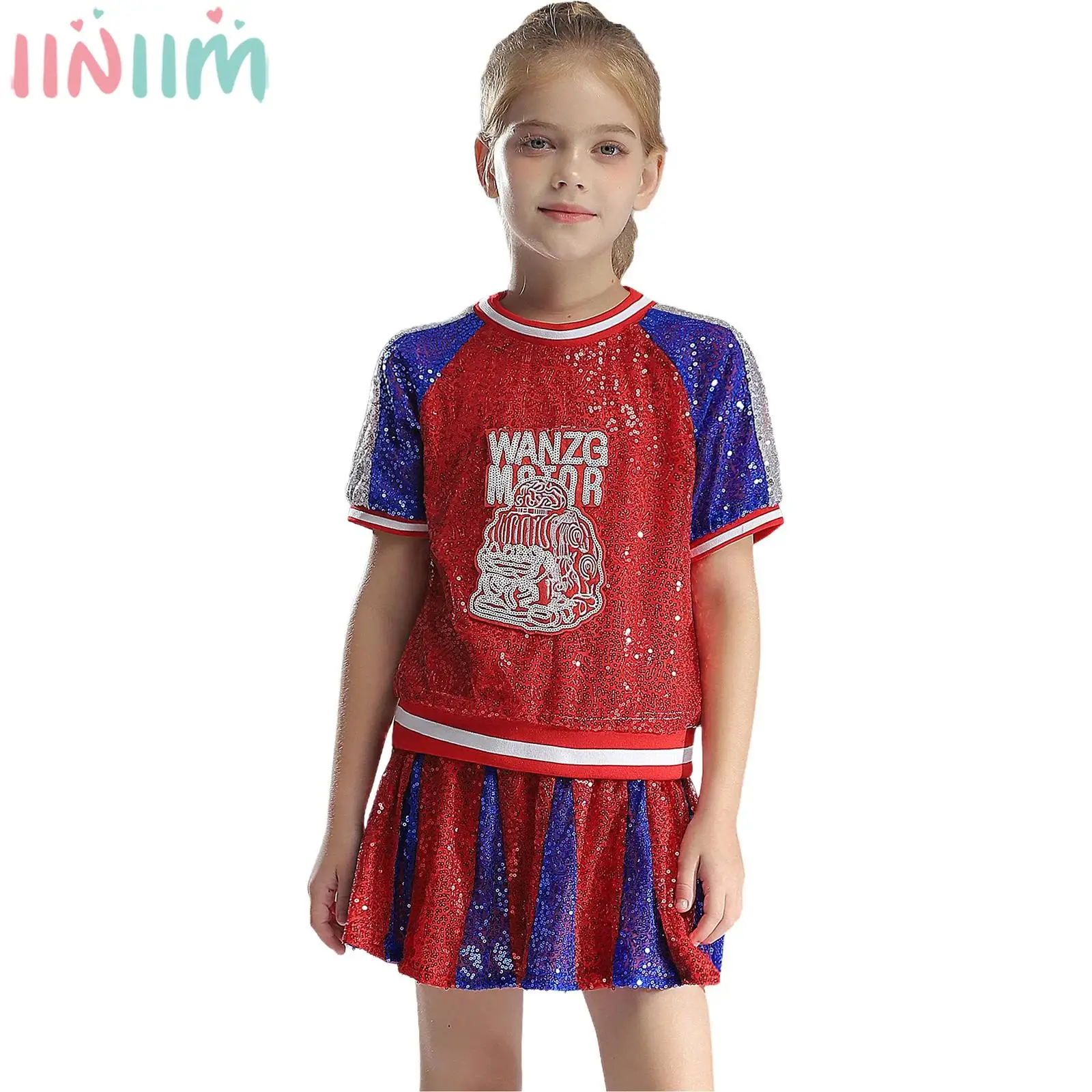 

Teen Girls Sequin Short Sleeve Tops with Skirt Shorts for Sports Meeting School Party Jazz Cheerleading Dance Stage Performance