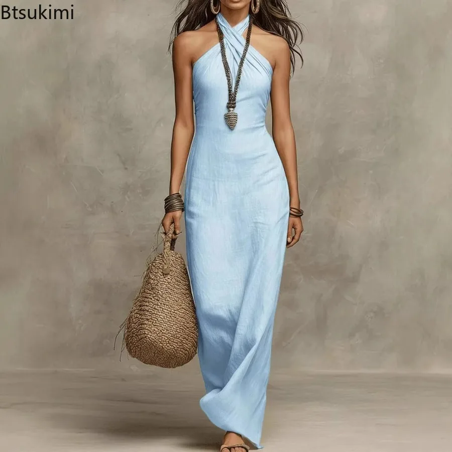 Summer New Bohemian Off Shoulder Sleeveless Dresses Women's Solid Hollow Slim Elegant Dress Chic Sexy Halter Party Long Dresses
