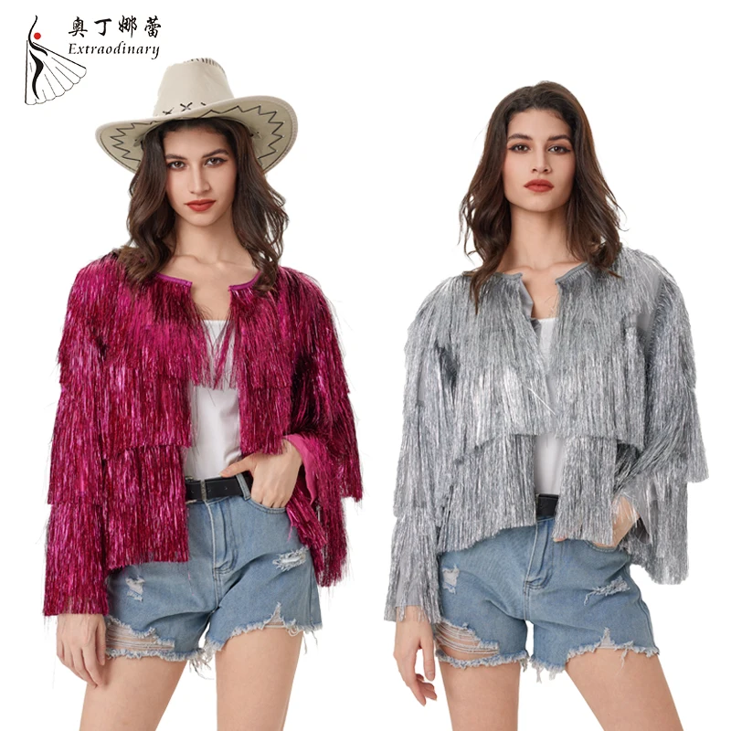 Tinsel jacket Women Coat Temperament Club Coat Long Sleeve Trendy Fashion Sequins Tassel  Jacket  festival open front  carnival