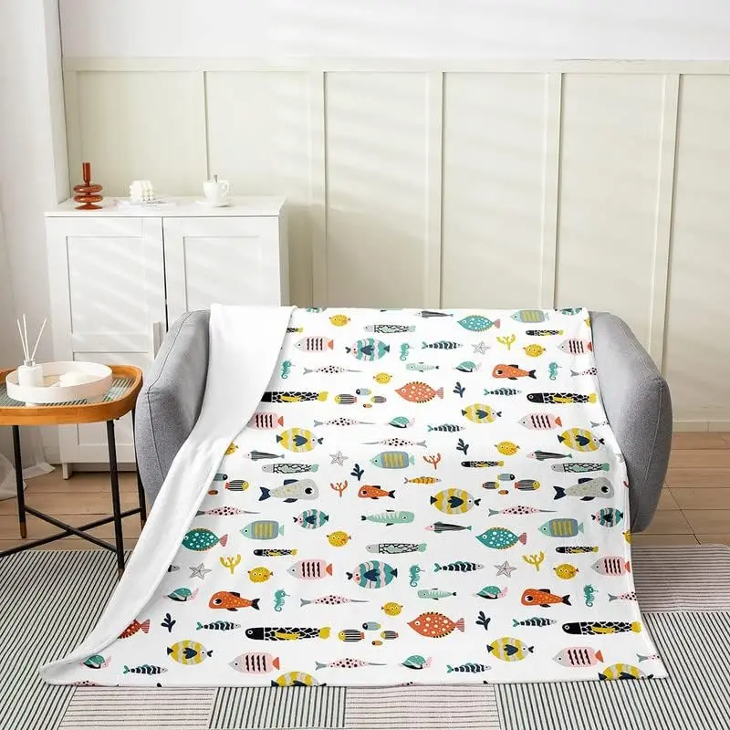 Japanese Style Fish Flannel Fleece Blanket Cute Ocean Fish Print Plush Throw Blanket, Fishing and Hunting All Season,Bed