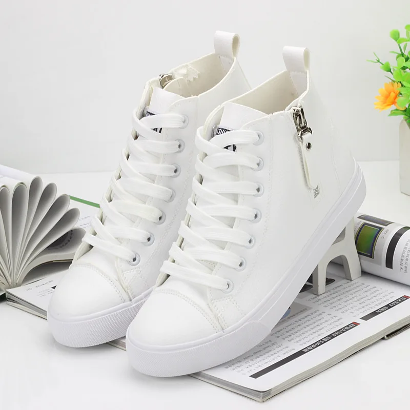 2022 Autumn and Winter New Women High-top Shoes Vulcanized Pu Leather Lace-up Flats Fashion Sneakers Best Sellers Boots Promotin