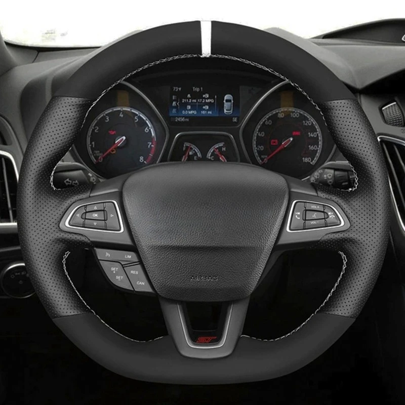 Czarny zamszowy pokrowiec na kierownicę z prawdziwej skóry Akcesoria samochodowe do Ford Focus (RS |   ST |   ST-Line) 2015-2018 Kuga Ecosport