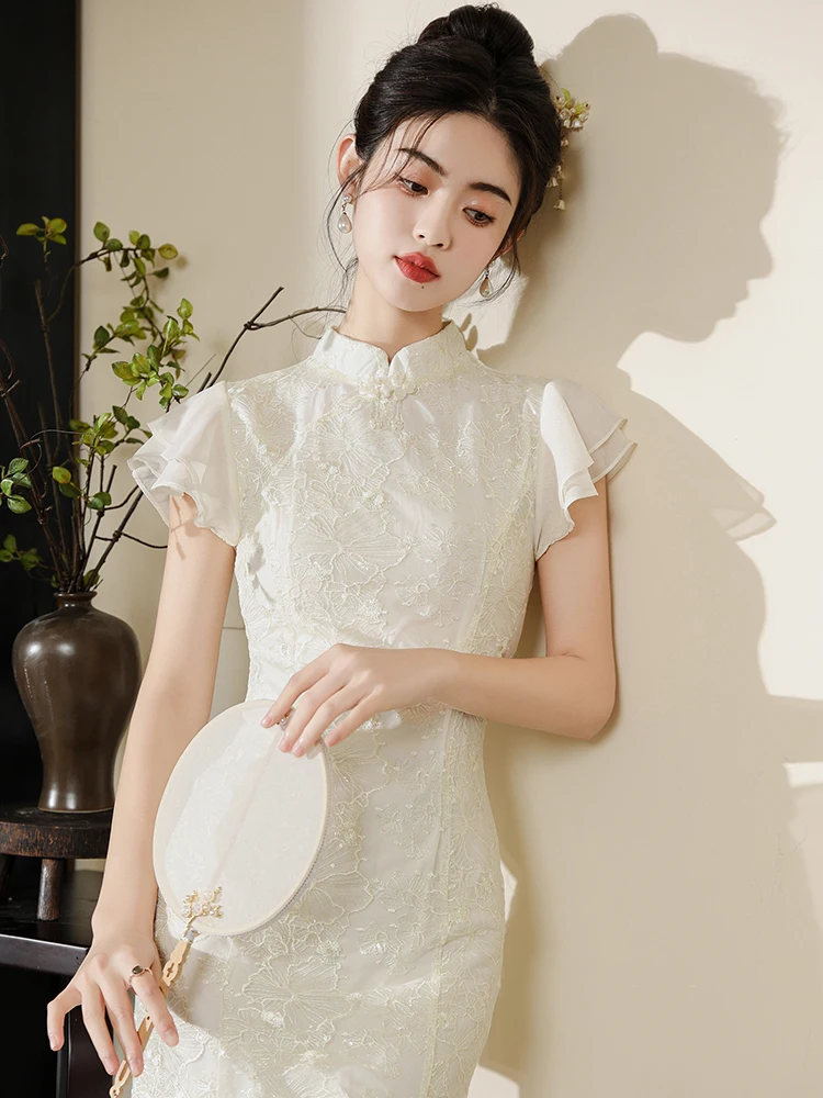 

Белое вышитое платье-русалка для подружек невесты, новая версия, с тяжелой вышивкой, в ретро-стиле, для свадьбы