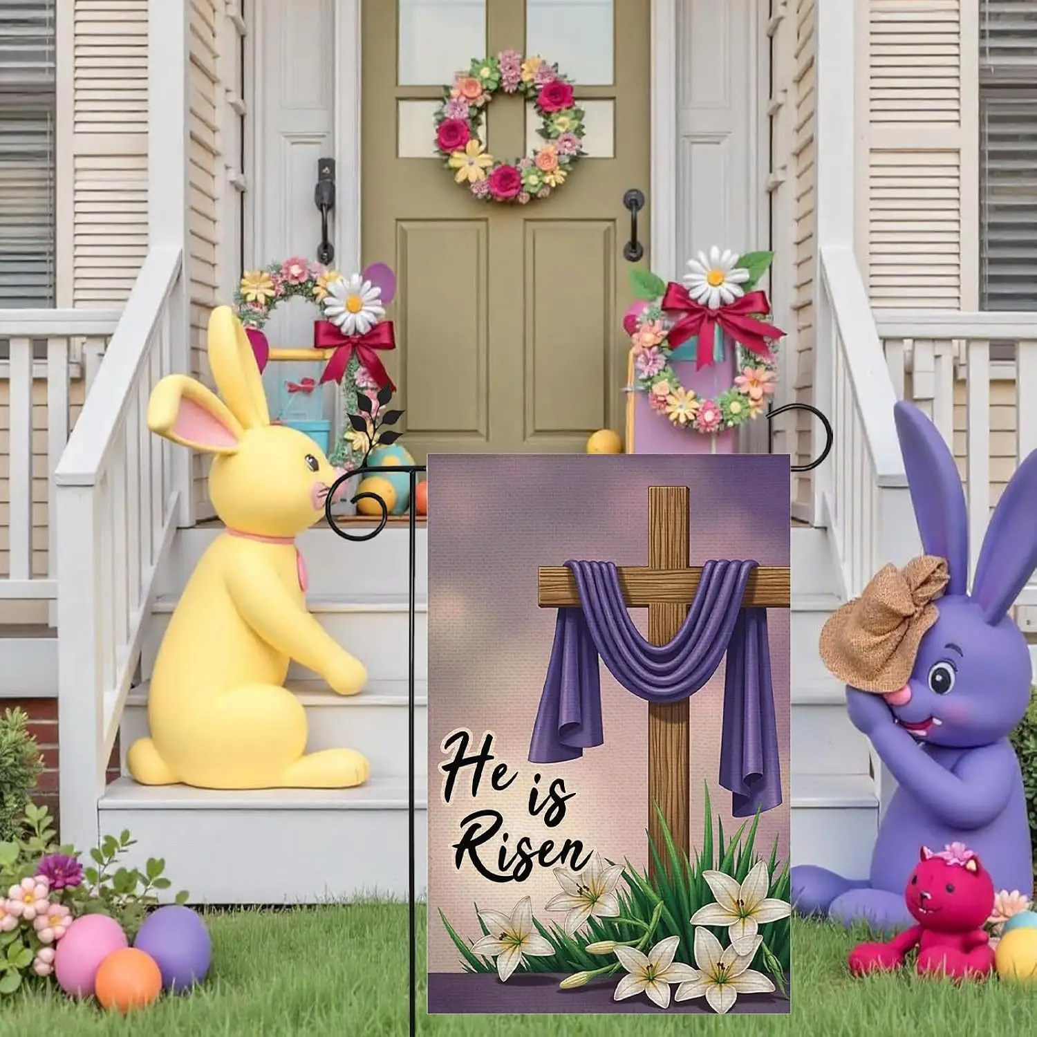 He is Risen Easter Cross 12x18 inch Double-side Burlap Garden Flag Welcome Home Outdoor Yard Holiday Decoration Flag WWP