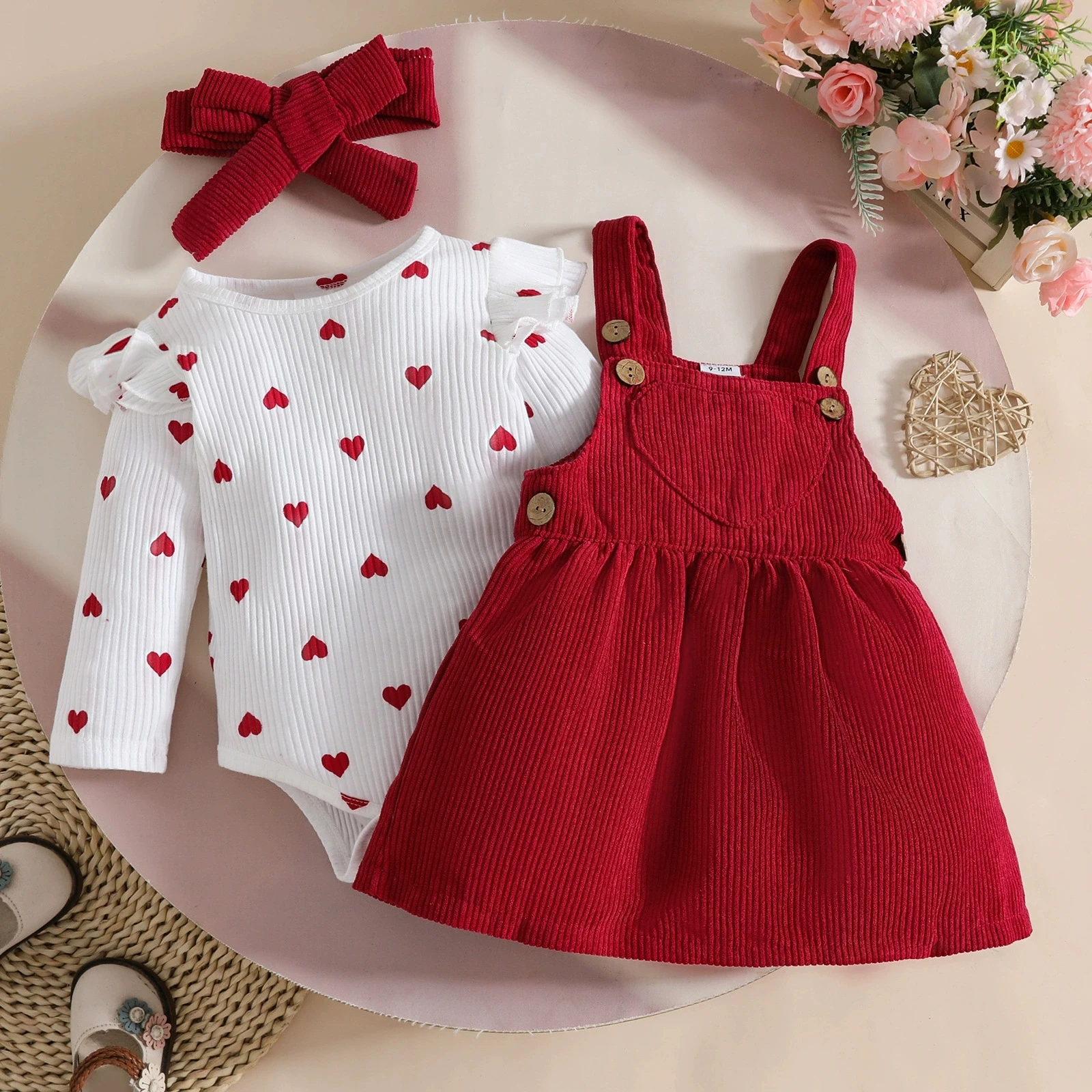 

Kids Girl Christmas Outfits Long Sleeve Rompers+ Skirts Headband 3pcs Fall Winter Jumpsuit Clothes Set For Baby Girls For 3M-18M