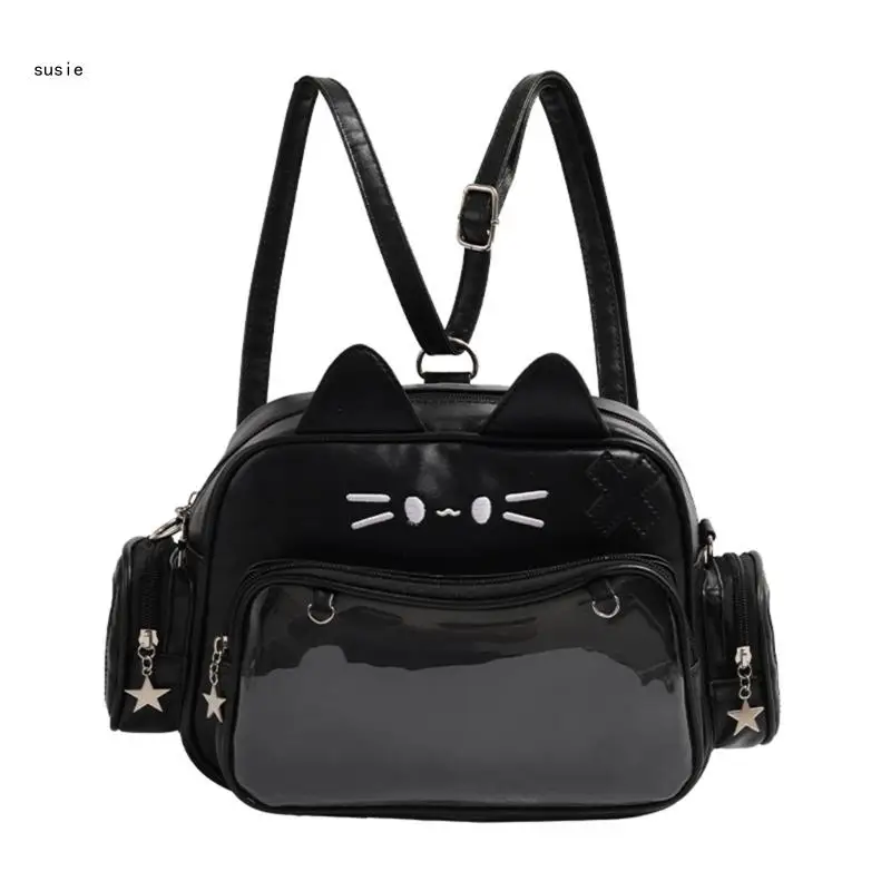 

X7YA School Girl Student Large Capacity Backpack Cats Ears Itabag Japanese Clear Window Crossbody Bag for Pin Display