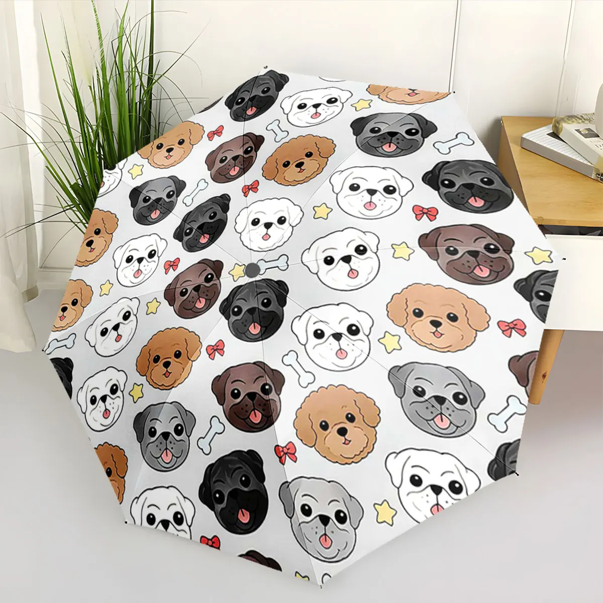 1PC Cute Dog Faces on Umbrella Design Print 8 Iron Ribs Folding Umbrella Auto-Open Fashion Sunshade