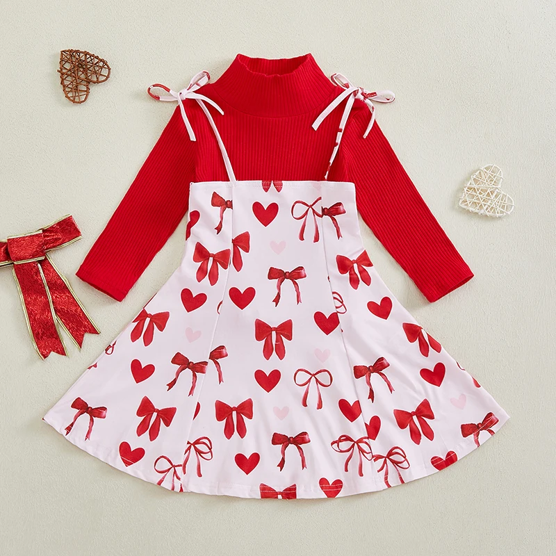 Traje de San Valentín para niñas, camiseta de manga larga con cuello alto y lazo, vestido deslizante con estampado de corazón, traje de otoño