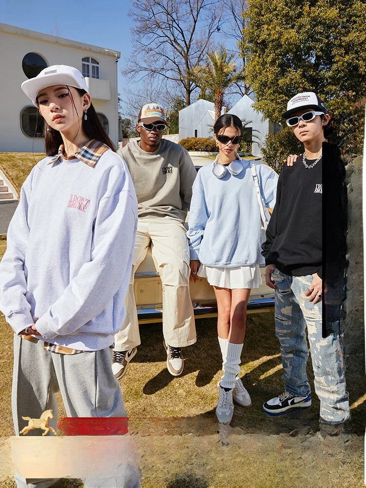 

Американский уличный стиль: базовый свитшот оверсайз с круглым вырезом, парные худи свободного кроя из смесового хлопка и полиэстера