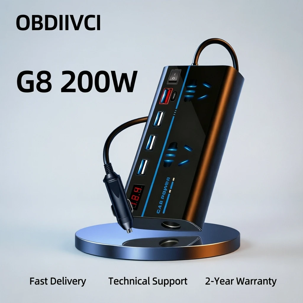 OBDIIVCI G8 200W Car Inverter with PD30W Quick Charge Cigarette Lighter Port 12V 24V Protection for Battery And Appliances
