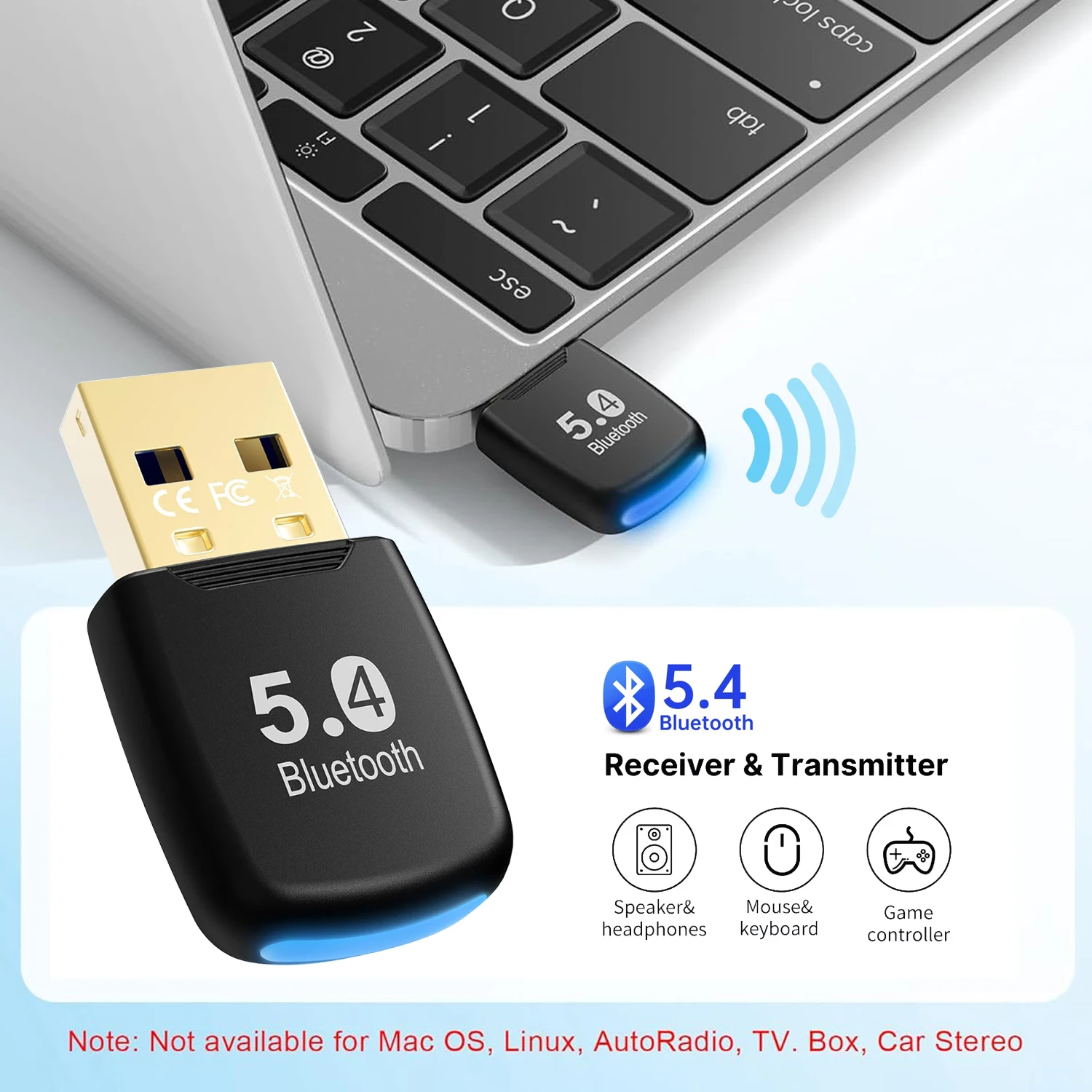 Driver Free! Bluetooth 5.4 Dongle Adapter, USB Bluetooth Receiver Transmitter for Laptop PC Wireless Mouse Keyboard Speaker.