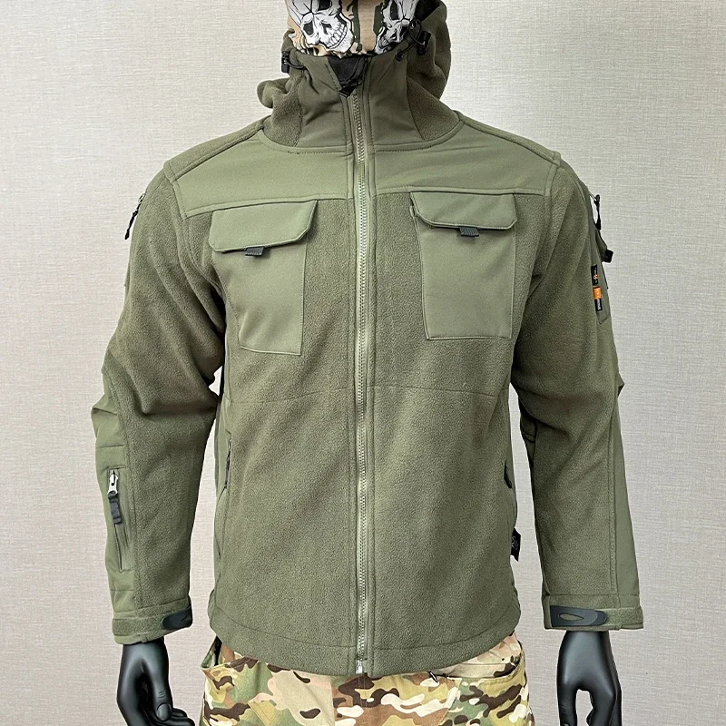 Tactical Camouflage Jacket Men Fleece Multi Pocket Wear-resistant Training Soft Shell Clothing Patchwork Outdoor Warm Combat Top