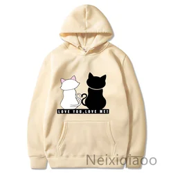 Plus Size Black And White Cat Couple Sweater Print Hoodie Women Men Autumn Winter Fleece Warm Long Sleeve Basic Female Pullover