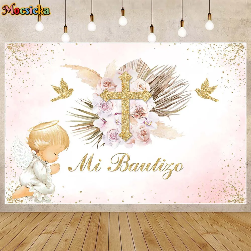 Mi Bautizo Baptism Backdrop Boy Girl Angel Cross Newborn Christening Background Baby First Communion Party Decor Banner Customed