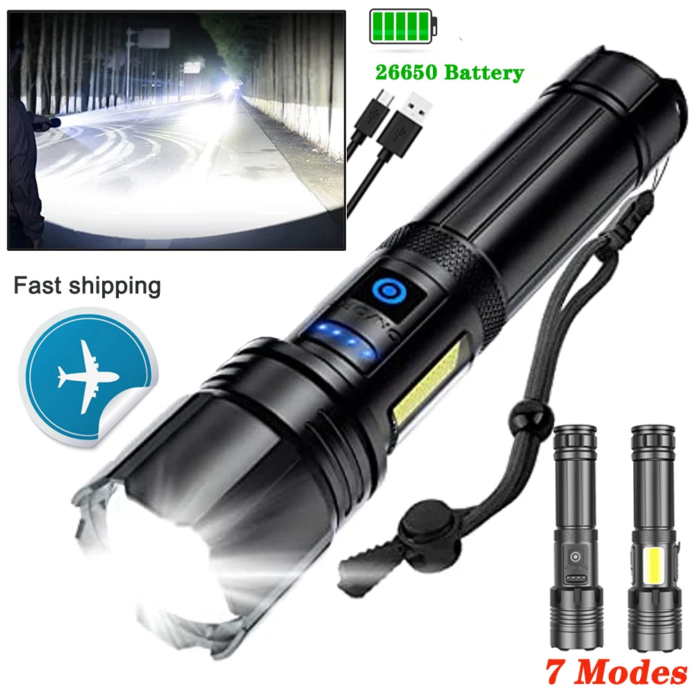 7 Modes Super Bright Rechargeable Tactical Flashlight with COB Side Light & Zoom, 26650 Battery, IPX7 Waterproof for Camping & Emergency