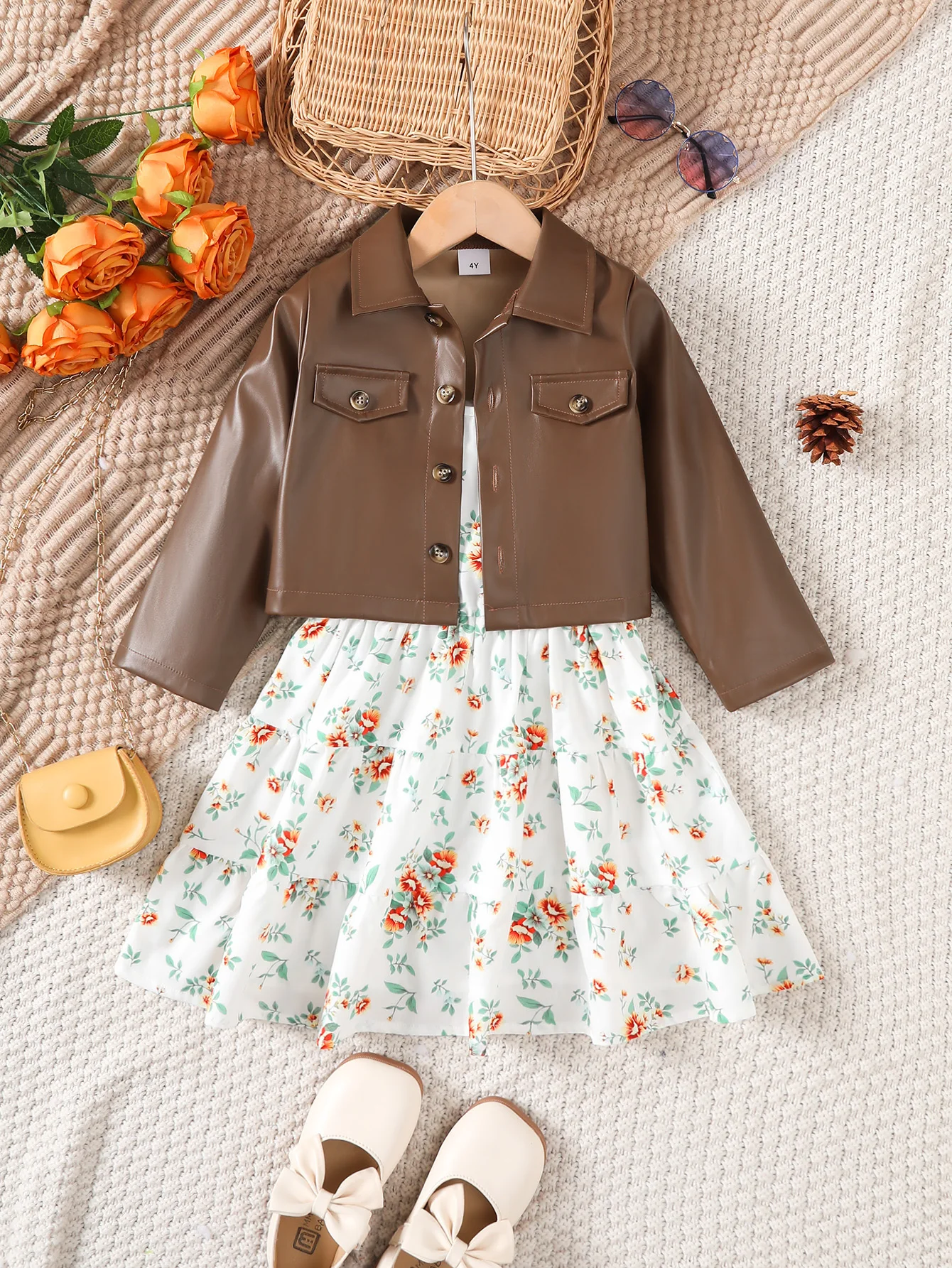 Girls Long Sleeve Jacket + Halter Dress Two-Piece Set Fashion Casual Dress Ensemble Suitable for Autumn Winter Outdoor Wear