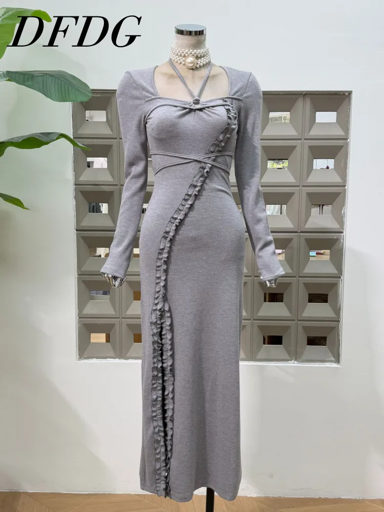 

DFDG женское весенне-летнее серое платье макси с длинными рукавами и рюшами по бокам, облегающее элегантное торжественное платье 2025 года, модное женственное платье