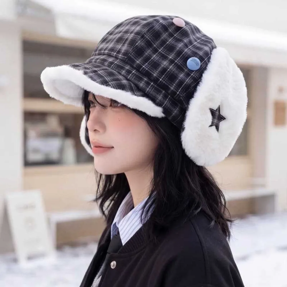 Fashion Sweet Plaid Octagonal Hat Autumn Warm Winter Fleece Lined Hat Earflap Windproof Newsboy Cap For Women