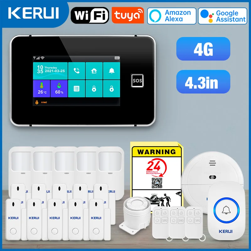 

KERUI Wireless 4G Burglar Alarm 4.3 Inch Touch Screen Home Alarm System WiFi GSM Tuya Smart Alarm Kit G64B Model