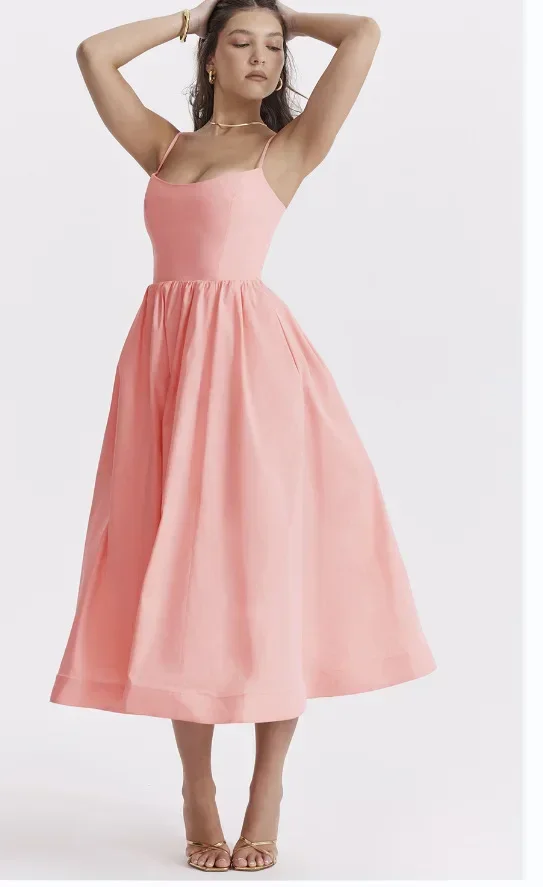 Fashion Casual Female Robe Vestidos Holiday Pink Dress Women 2023 Summer Pleated Strap Elegant Solid Sleeveless Midi Dresses