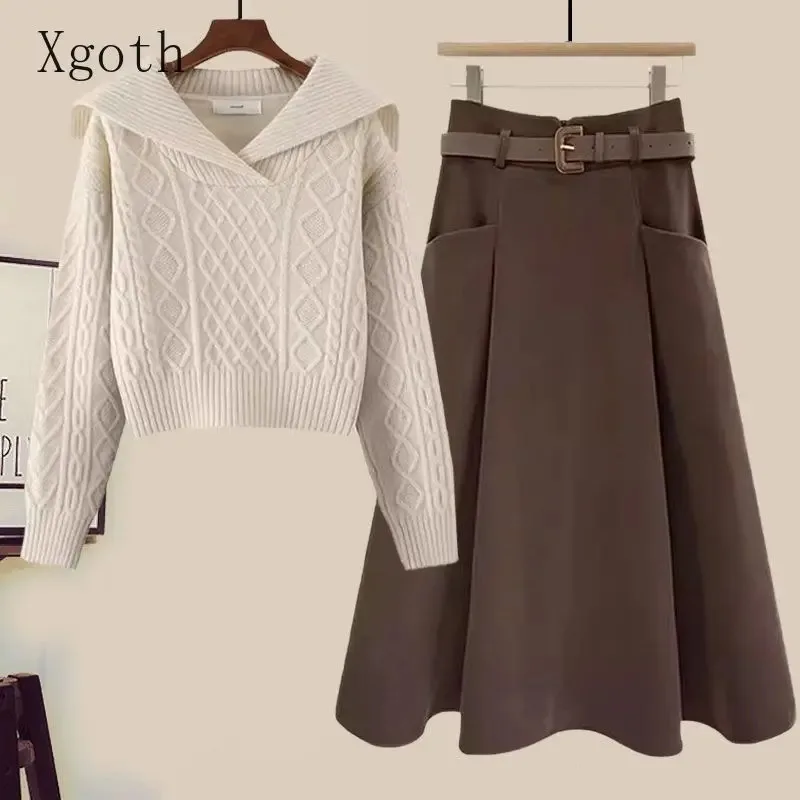 

Женский осенний костюм большого размера, новинка 2023, стиль, свитер, юбка, комплект из двух предметов, элегантные платья из двух предметов обычного кроя для женщин