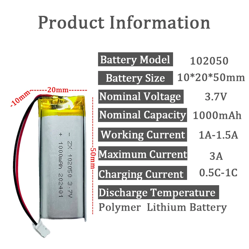 1000mAh bateria litowa 102050 przyrząd kosmetyczny oświetlenie LED elektryczne 3.7V przyjazne dla środowiska polimerowe litowe