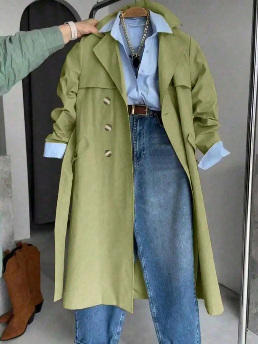 

Women's Solid Color Long Sleeve Single-Breasted Casual Trench Coat, Suitable For Autumn/Winter Daily Wear Spring