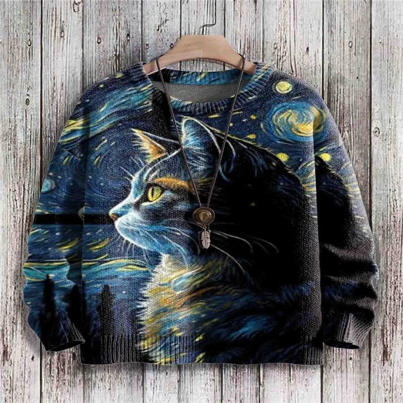 2024 hot selling comfortable loose fitting pullover round neck top, cute printed cat casual cute jacket, outdoor sports top, cro