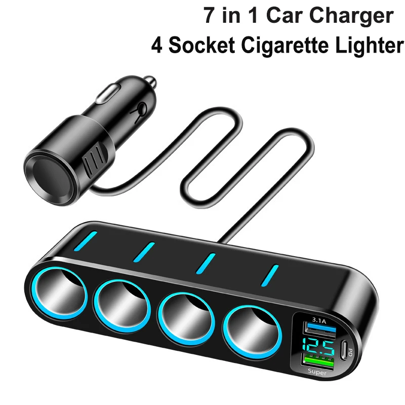 7-in-1-Autoladegerät-Adapter, 4 Buchsen, Zigarettenanzünder, USB/Typ-C-Ladeadapter, Schnelllade-Netzteil mit Digitalanzeige