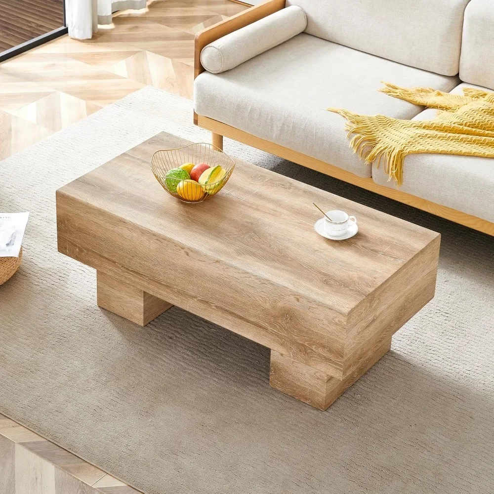 43 Mid Century Modern, Rectangle Natural Wood Grain Texture Top with Thicken Block Legs, Wooden，Coffee Table